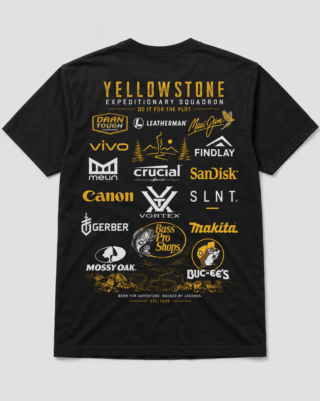 Back of a black Yellowstone Expeditionary Squadron shirt with a sponsor logo layout